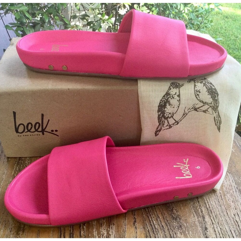 Beek Pelican Leather Platform Slide Sandals Size 6 Hibiscus Hot Pink Shoes w Bag - Picture 3 of 13